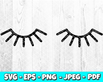 May include: Black graphic of two closed eyelashes on a white wood grain background. The eyelashes have a curved shape with several straight lines extending outward. The bottom of the image has the text "SVG - EPS - PNG - JPEG - PDF" in a blue rectangle.