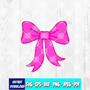 May include: A bright pink bow illustration with a detailed design. The bow has two long, flowing tails and a central knot. The image includes the text "INSTANT DOWNLOAD" and file type options: SVG, EPS, DXF, PNG, JPEG, and PDF.