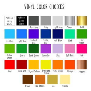 Op de afbeelding: Een kleurenkaart met de titel VINYL COLOR CHOICES met vijfendertig rechthoekige stalen in verschillende kleuren, waaronder wit, zwart, grijs, zilver, goud, blauwtinten, groentinten, paars, roze, rood, oranje, koper, bruin, tan en cr&egrave;me.