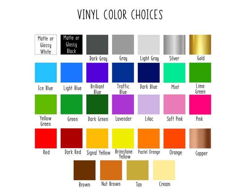 Op de afbeelding: Een kleurenkaart met de titel VINYL COLOR CHOICES met vijfendertig rechthoekige stalen in verschillende kleuren, waaronder wit, zwart, grijs, zilver, goud, blauwtinten, groentinten, paars, roze, rood, oranje, koper, bruin, tan en cr&egrave;me.