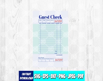 May include: A blue and white guest check with the text "Guest Check" at the top. The check includes lines for itemizing orders, a section for the total, and the number 347259. The bottom has a blue banner with "Instant Download" and file type options.