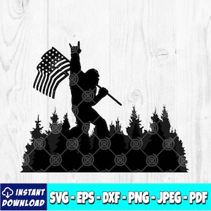 May include: A black silhouette of a Bigfoot holding an American flag, standing in a forest of pine trees.