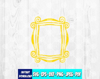 May include: A yellow picture frame with a decorative design, featuring a rectangular opening and ornate swirls at the corners. The frame is set against a white wooden background. The image includes the text "INSTANT DOWNLOAD" and file type options.
