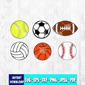 May include: A collection of six sports balls in a vector graphic. Includes a tennis ball, soccer ball, football, volleyball, basketball, and baseball. The image also includes the text "INSTANT DOWNLOAD" and file type options.