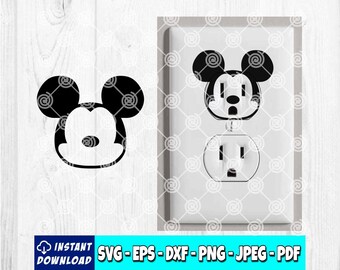 May include: Black and white Mickey Mouse face design. The image shows a Mickey Mouse face design on a white electrical outlet cover. The image also shows a separate Mickey Mouse face design. The image includes the text "INSTANT DOWNLOAD" and "SVG - EPS - DXF - PNG - JPEG - PDF".