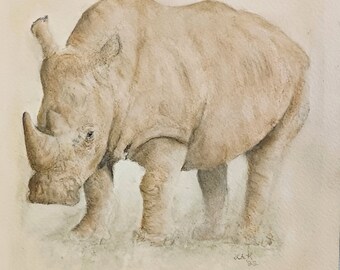 Original Rhinoceros Painting, Hand-painted Watercolor Wildlife Art, NOT A PRINT