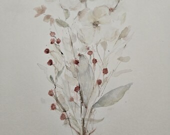 Original Floral Watercolor Painting: Abstract Berries Branch, 8x10