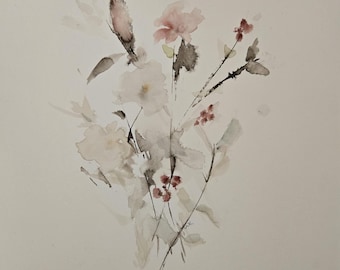 Original Abstract Floral Watercolor Painting: Berries Branch Wall Art