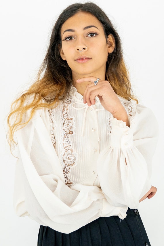 1970s Cream High Neck Delicate Lace Detail Puff Sl