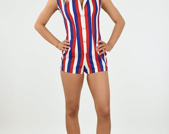 1960's Red, White n Blue Striped Button Up Summer Playsuit