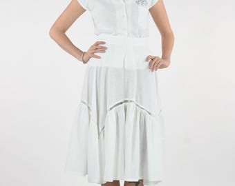 1970s White Cotton Shirt and Skirt Set