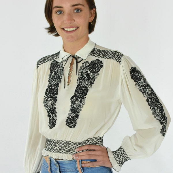 1940's Hungarian Embroidered Semi Sheer Long Sleeve Peasant Blouse