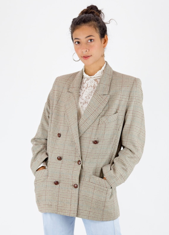 1980s Double Breasted Tweed Check Oversized Blazer