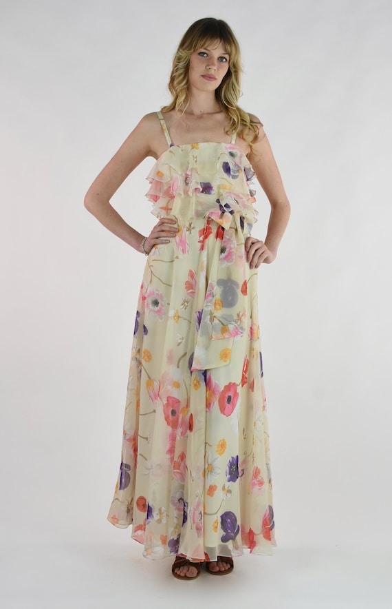1970s Floral Ruffle Bodice Summer Maxi Dress