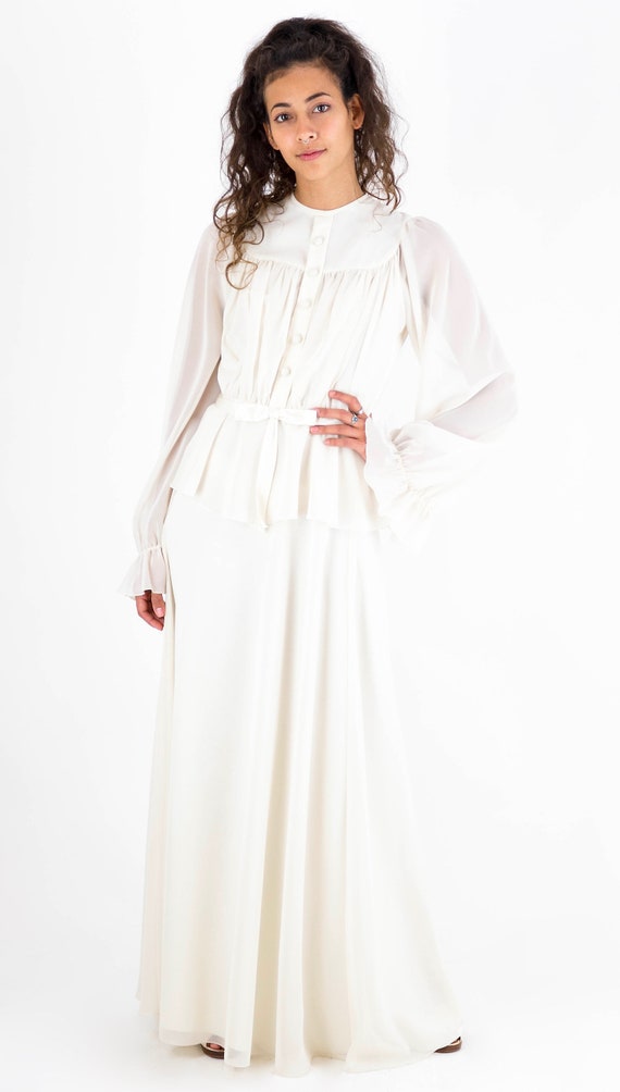1970's Cream Poet Sleeve Satin Bow Front Maxi Dres