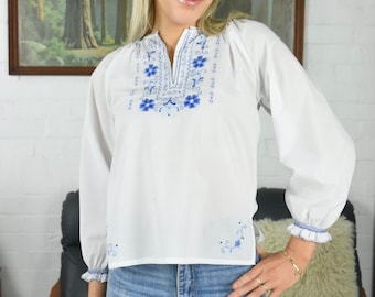 1980's Blue Embroidered Floral Long Sleeve Peasant Blouse