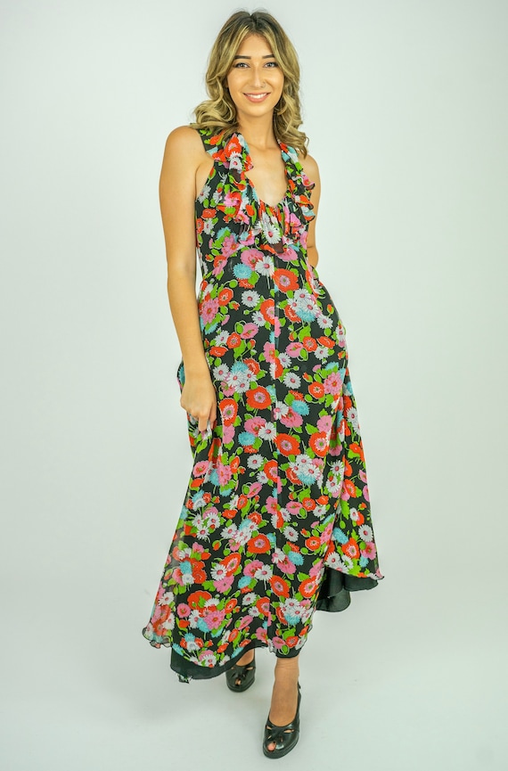 1970's Pretty Floral Ruffle V Neck Halter Maxi Dr… - image 1