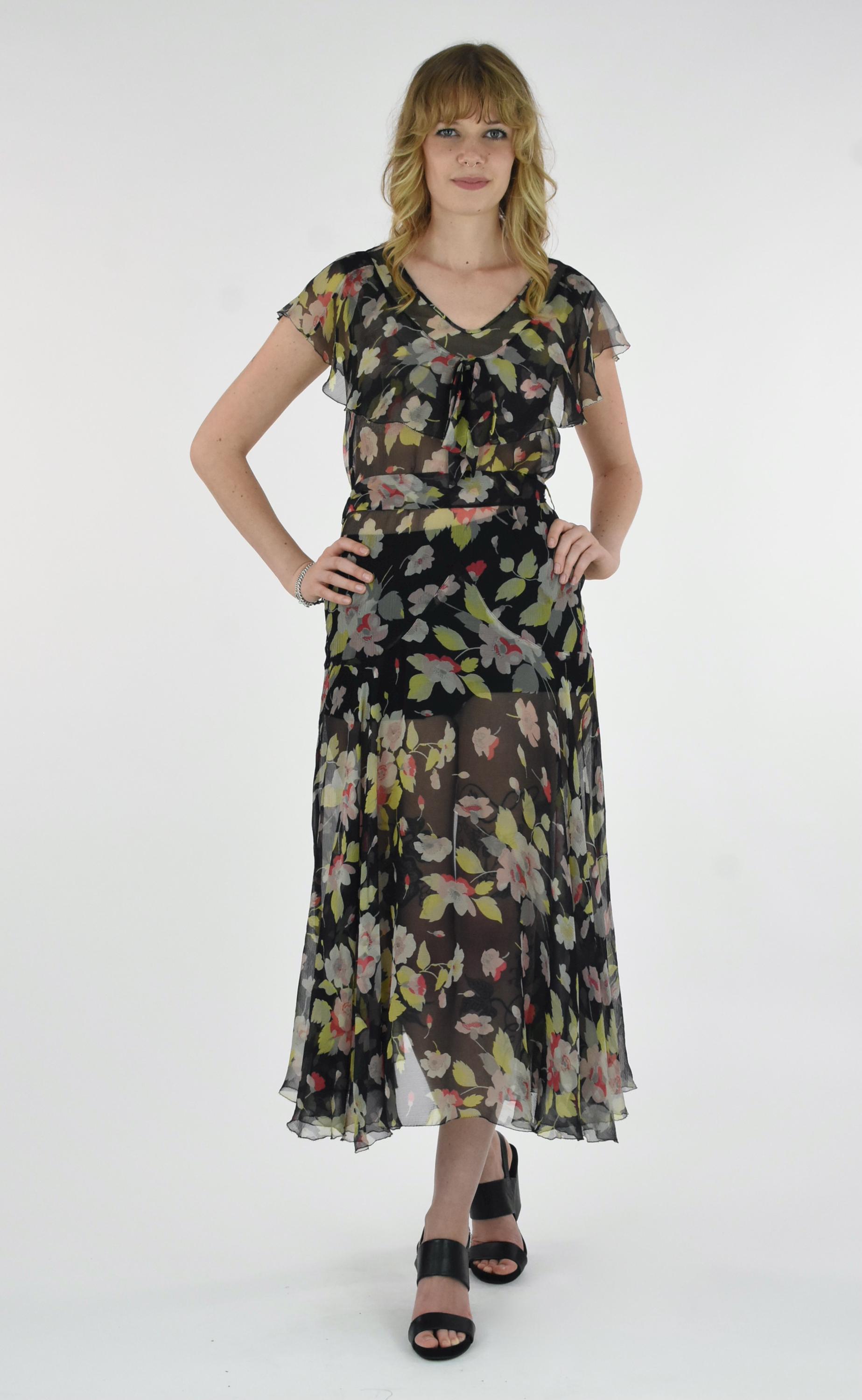 1930's Semi Sheer Floral Print Black Silk Chiffon Dress - Etsy