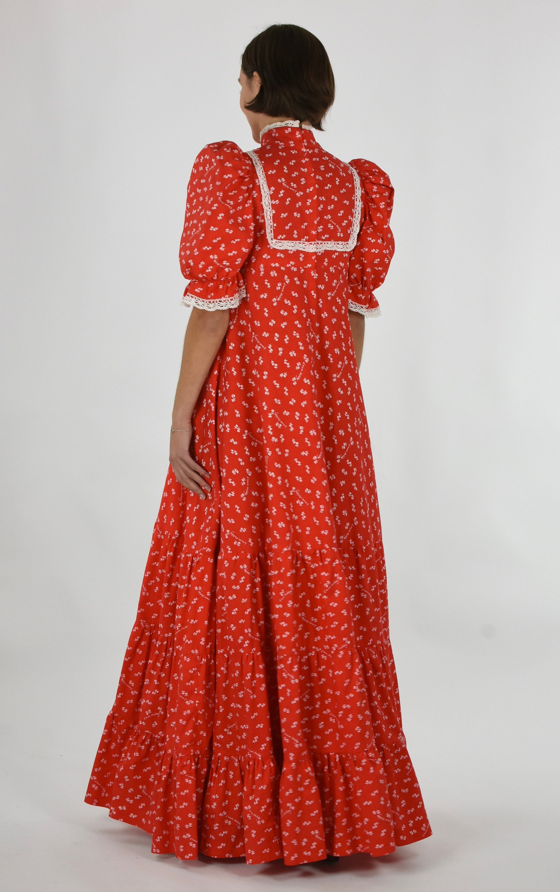 1970s Laura Ashley Red Floral Cotton Maxi Dress: Victorian Prairie