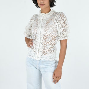 1980s Romantic White Floral Lace High Neck Ruffle Collar Blouse