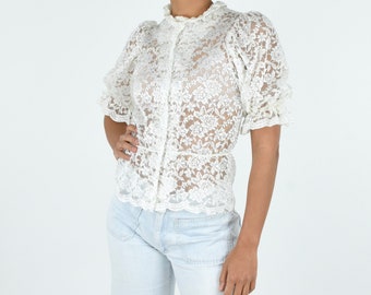 1980s Romantic White Floral Lace High Neck Ruffle Collar Blouse