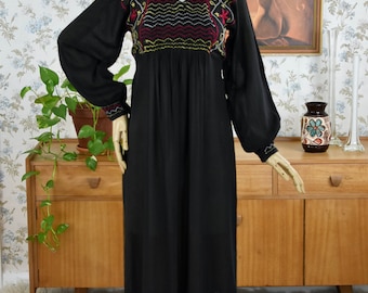 1970s Boho Embroidered Black Cotton Balloon Sleeve Maxi Dress