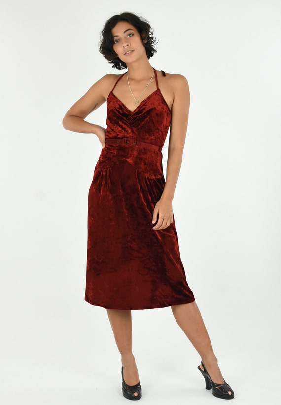 1970's Ruby Red Crushed Velvet Halterneck Dress w… - image 6