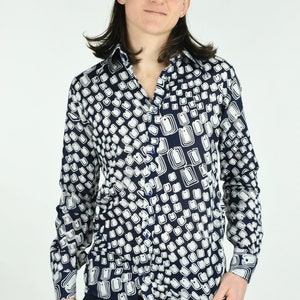 1970&#39;s Navy and White Rectangle Print Men&#39;s Deadstock Cotton Shirt