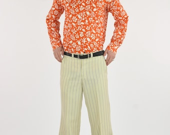 1970's Cream and Navy Pinstripe Flared Trousers