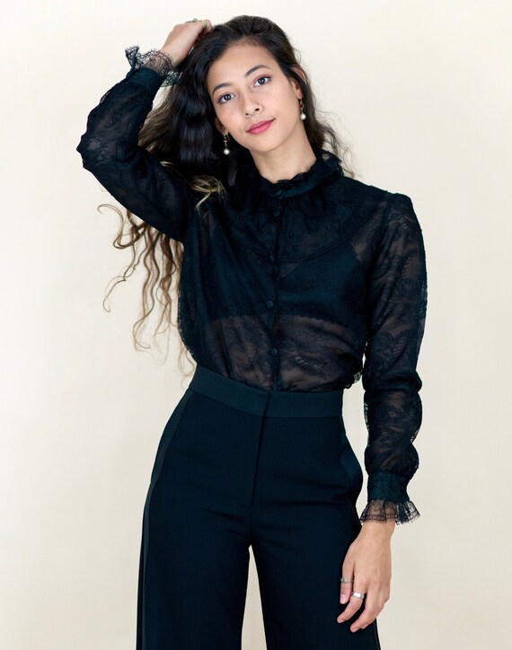 1970s Delicate Black Floral Lace High Neck Ruffle