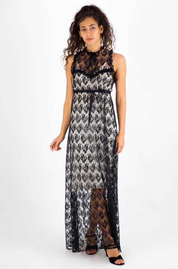 1970s Black Floral Lace High Neck Maxi Dress