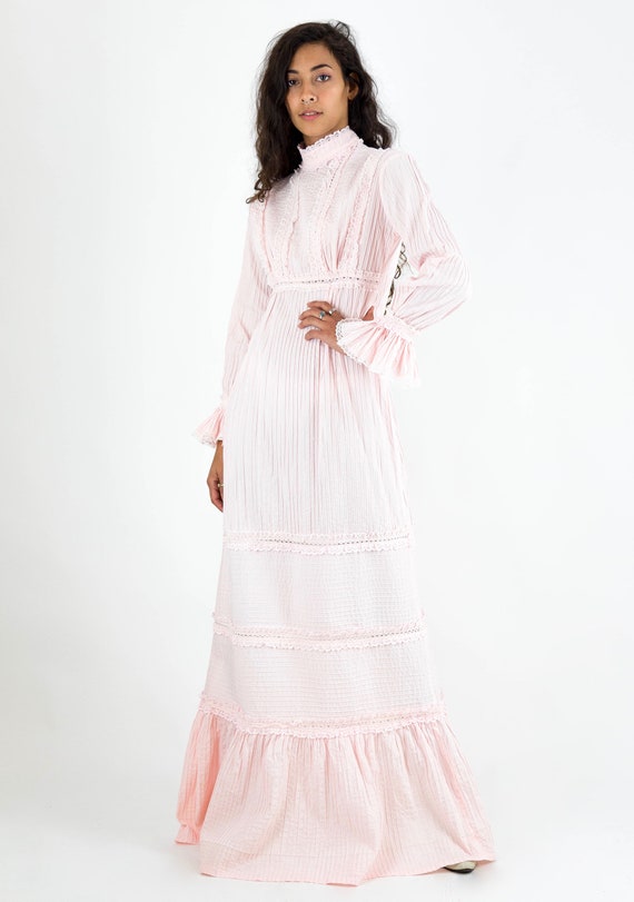 1970s Pale Pink Cotton Lace Ruffle Mexican Wedding
