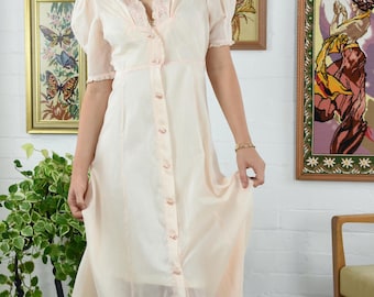 1940's Peach Pink Cotton Embroidered Boudoir Duster Robe