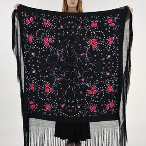 1920s Oriental Floral Embroidered Black Silk Piano Shawl