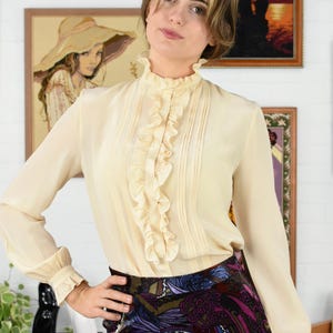 1970s Cream Silk High Neck Romantic Ruffle Trim Blouse