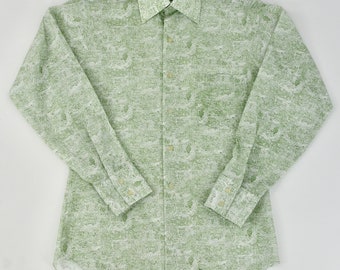 1970's Green and White English Countryside Print Men's Deadstock Shirt