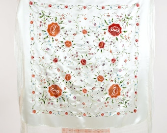 Vintage Floral gestickt Creme Seidensatin Fransen Schal