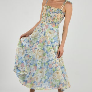 1970&#39;s Pastel Floral Shirred Bodice Summer Party Dress