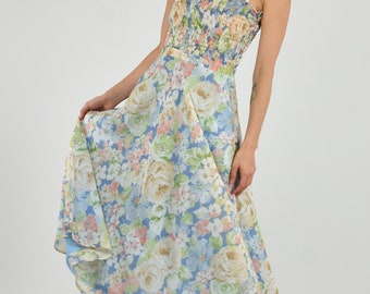 1970's Pastel Floral Shirred Bodice Summer Party Dress