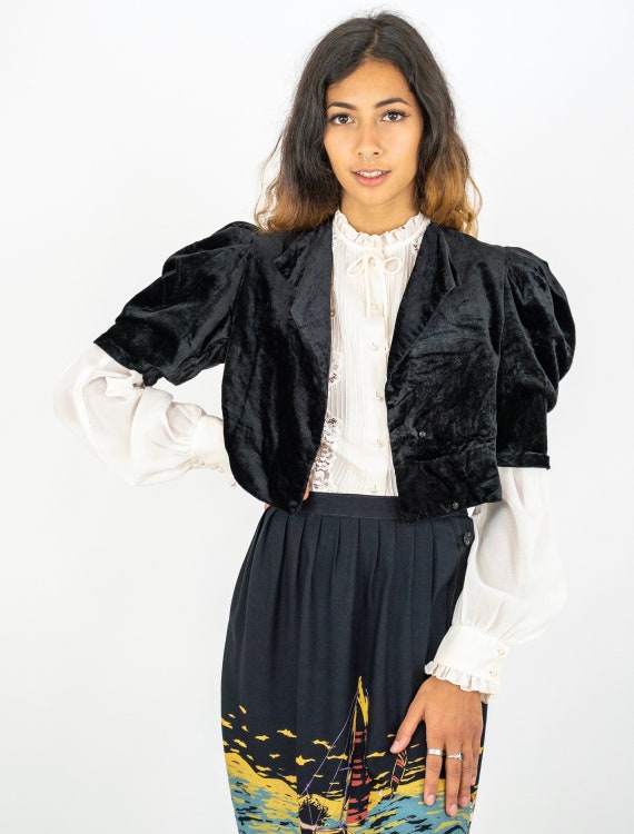 1930's Black Silk Velvet Puff Sleeve Bolero Jacket