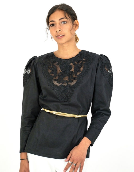 1980s Black Embroidered Floral Cutwork Puff Sleeve