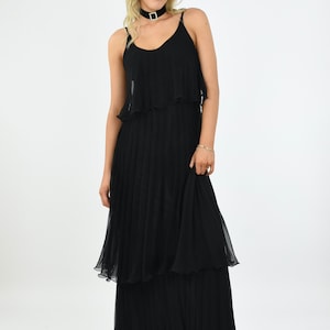 1970&#39;s Floaty Black Accordian Pleat Tiered Maxi Dress