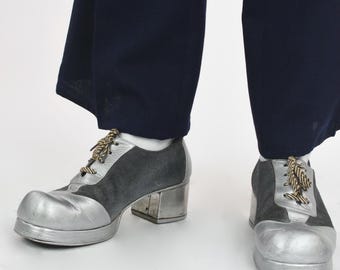 1970's Two Tone Blue and Silver Leather Lace Up Platform Shoes