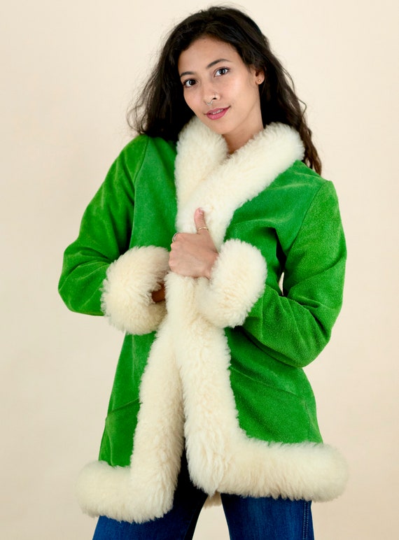 1970's Lime Green Suede Cream Lambs Wool Trim Jack