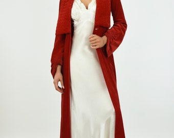 1930's Red Silk Velvet Coat, Lace Dress, Silk Slip and Diamante Belt Four Piece Women's Set