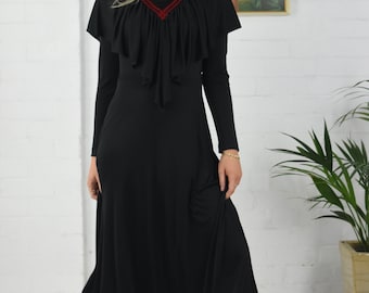 1970's Victorian Gothic Black High Neck Maxi Dress