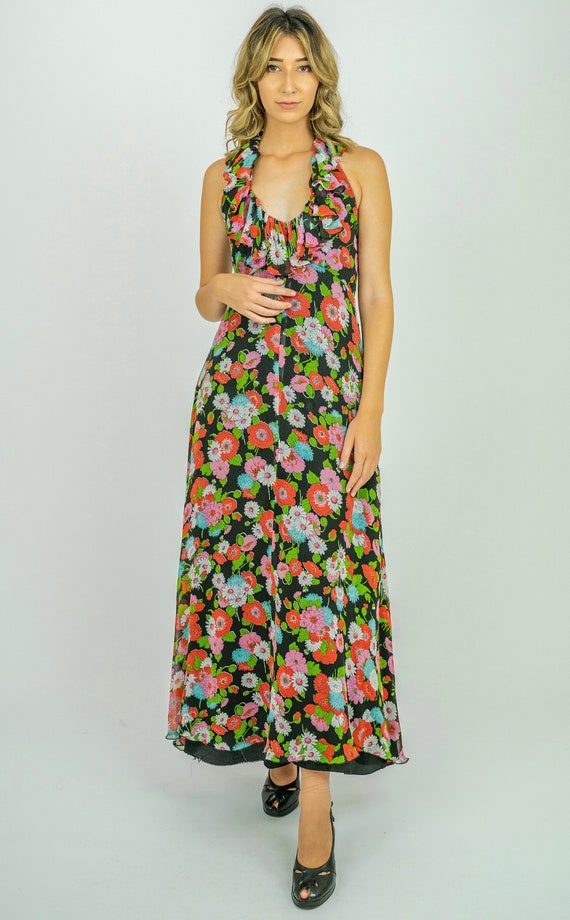 1970's Pretty Floral Ruffle V Neck Halter Maxi Dr… - image 5