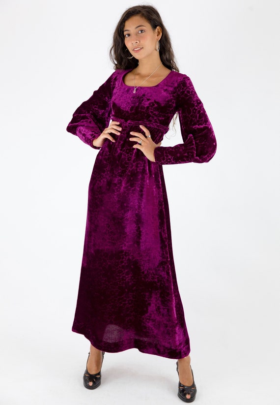 1970s Plum Floral Velvet Empire Line Maxi Dress