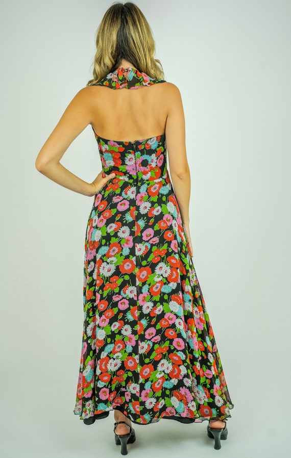 1970's Pretty Floral Ruffle V Neck Halter Maxi Dr… - image 7