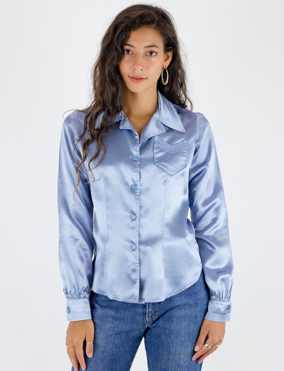 1970's Steele Blue Satin Dagger Collar Western Sty